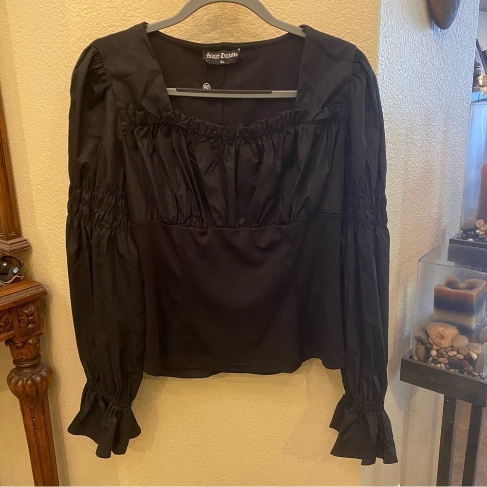 NWT~SCARLET DARKNESS Women Black Boho Long Sleeve Pleated Lolita Blouse Size XL